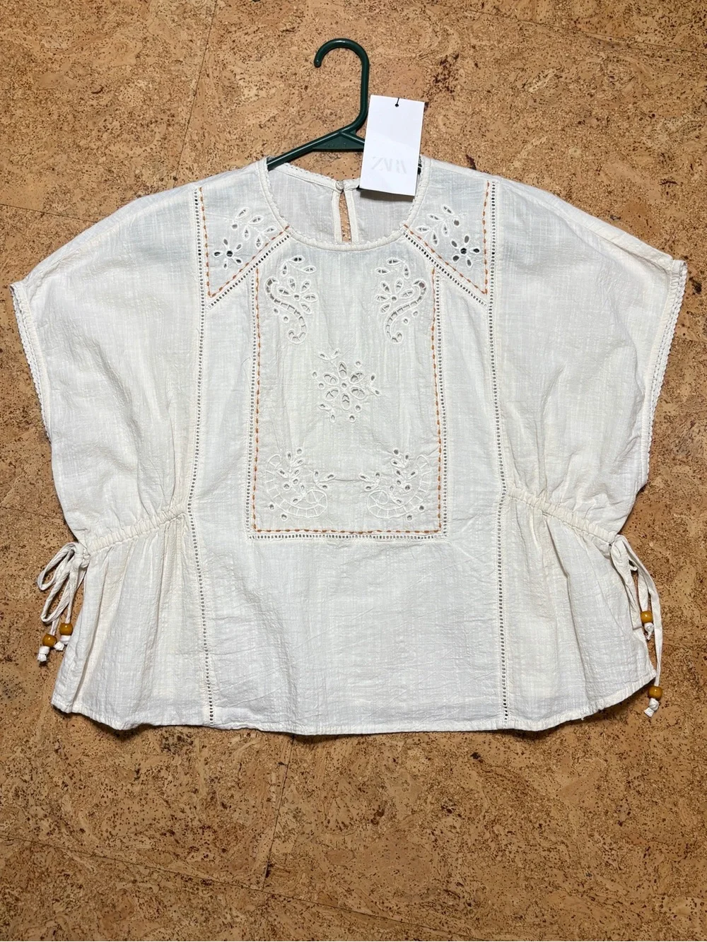Zara Embroidered Eyelet Top With Side Lacing NWT In Ecru Sz XS